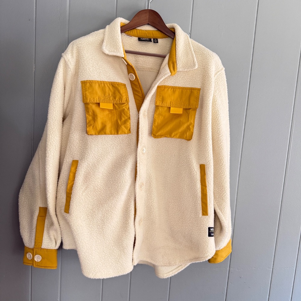 WeSC Unisex Sherpa Cargo Overshirt Colorblock Shacket Cream Yellow XL Gorpcore